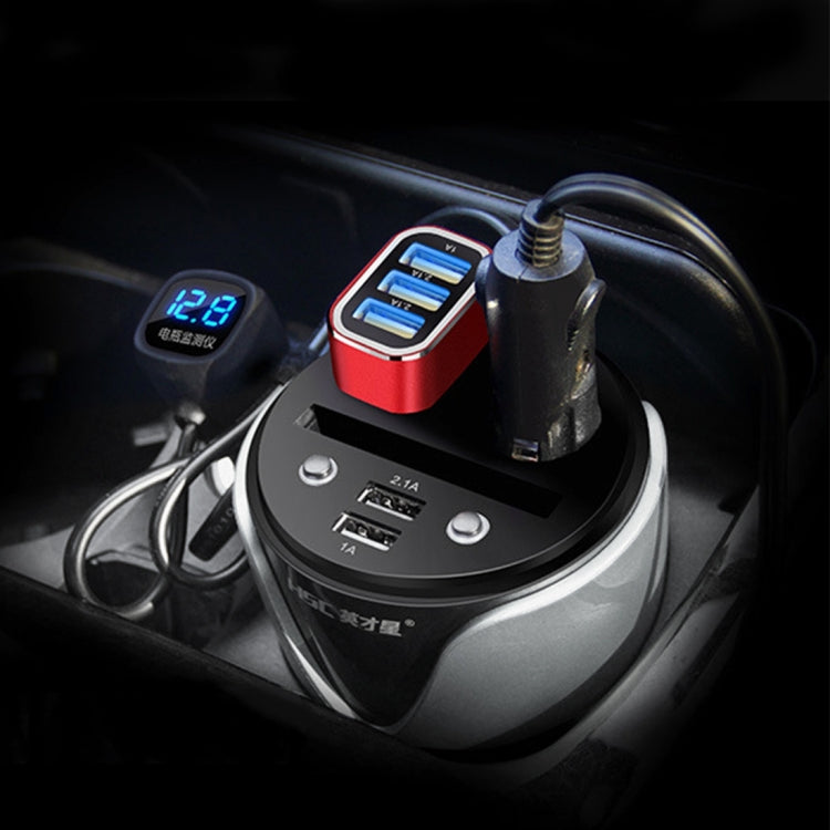 HSC YC-19D Car Cup Charger 2.1A/1A Dual USB Ports Car 12V-24V Charger with 2-Socket Cigarette, Card Socket and LED Display, YC-19D Blue, YC-19D Silver
