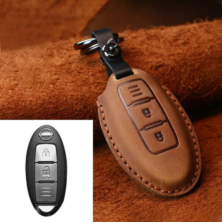 Premium Cowhide Leather Key Cover for Nissan Cars - Three-Key Horizontal Design