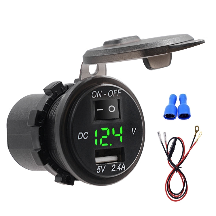 Universal Car Single Port USB Charger Power Outlet Adapter 2.4A 5V IP66 with LED Digital Voltmeter + Switch + 60cm Cable, 2.4A + Switch + 60cm Cable(Blue Light), 2.4A + Switch + 60cm Cable (Green Light), 2.4A + Switch + 60cm Cable (Red Light)