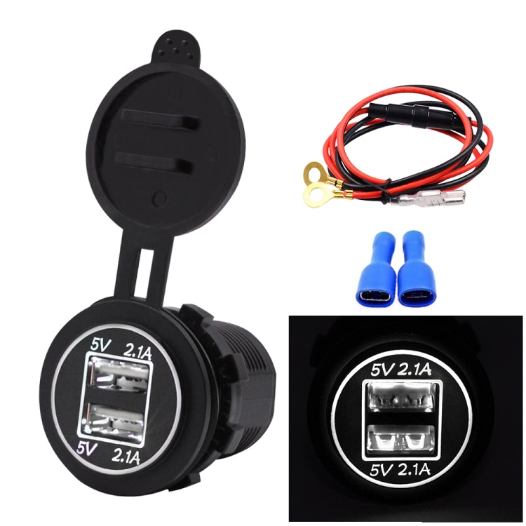 Universal Car Dual USB Charger Power Outlet Adapter 4.2A 5V IP66 with Aperture + 60cm Cable, 4.2A + 60cm Cable(Blue Light), 4.2A + 60cm Cable(Green Light), 4.2A + 60cm Cable(Orange Light), 4.2A + 60cm Cable(Red Light), 4.2A + 60cm Cable(White Light)