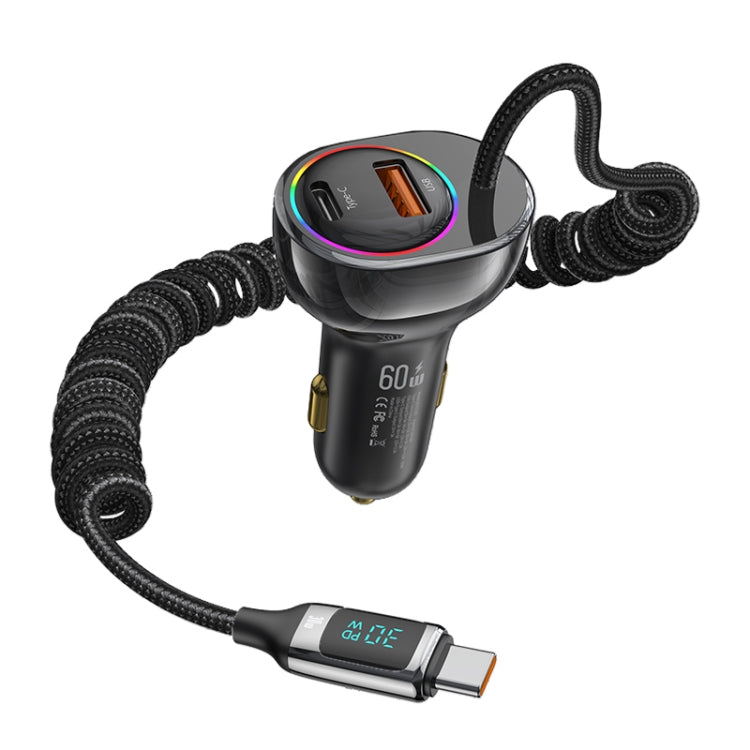 USAMS US-CC192 C37 60W Type-C+USB Dual Port Car Charger with Digital Display 30W Type-C Spring Data Cable