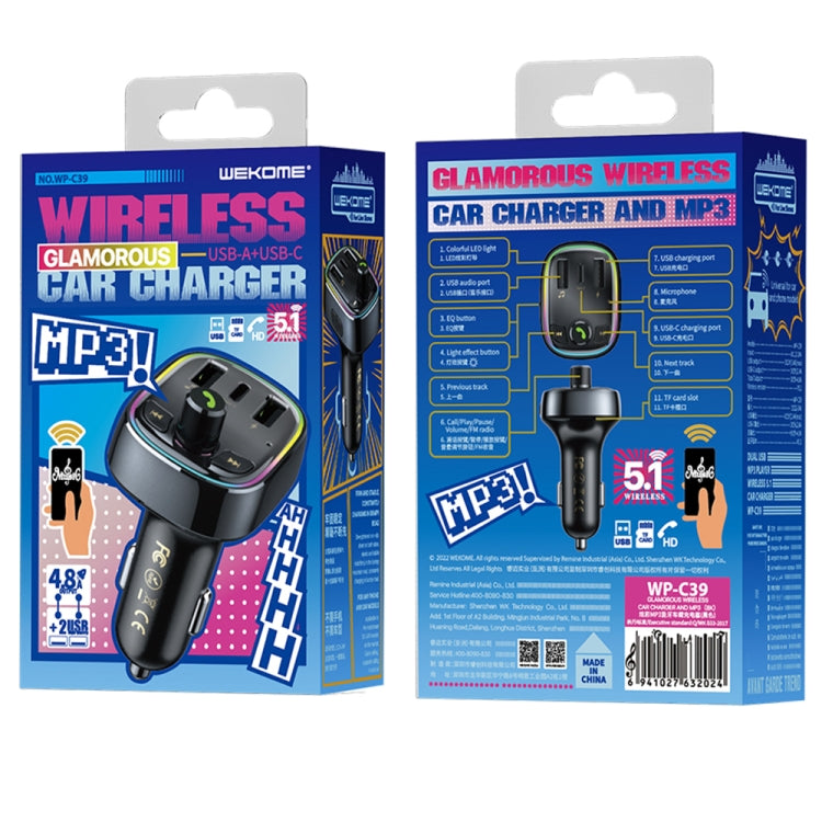 WK WP-C39 USB+USB-C/Type-C MP3 Bluetooth Car Fast Charger, WP-C39