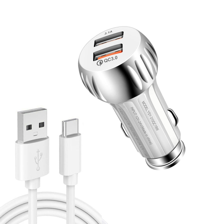 YSY-310QC18W QC3.0 Dual Port USB Car Charger + 3A USB to USB-C / Type-C Data Cable, Cable Length: 1m, YSY-310QC18W with Type-C Cable, with USB-C / Type-C Cable