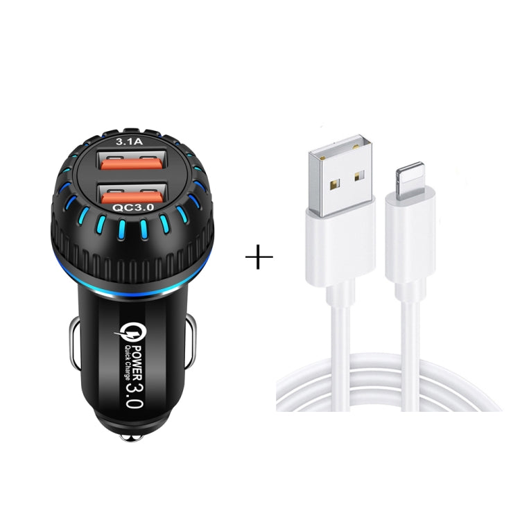 YSY-349 QC3.0 Dual Port USB Car Charger + 3A USB to 8 Pin Data Cable, Length: 1m, with 8 Pin Cable