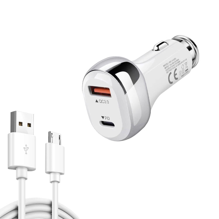 YSY-312PD QC3.0 18W USB + PD 20W USB-C / Type-C Car Charger with USB to Micro USB Data Cable, PD 20W with Micro USB Cable