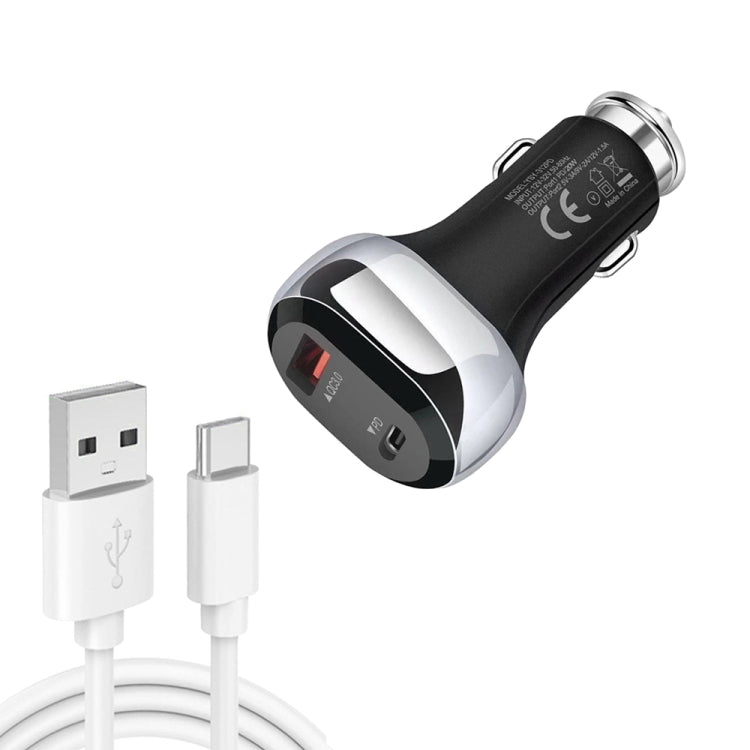 YSY-312PD QC3.0 18W USB + PD 20W USB-C / Type-C Car Charger with USB to USB-C / Type-C Data Cable, PD 20W with USB-C / Type-C Cable