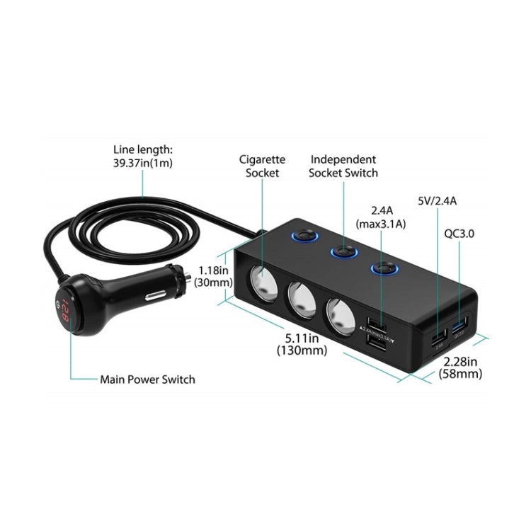 TR30 QC 3.0 Multifunctional 3 Cigarette Lighter High Power Car Charger