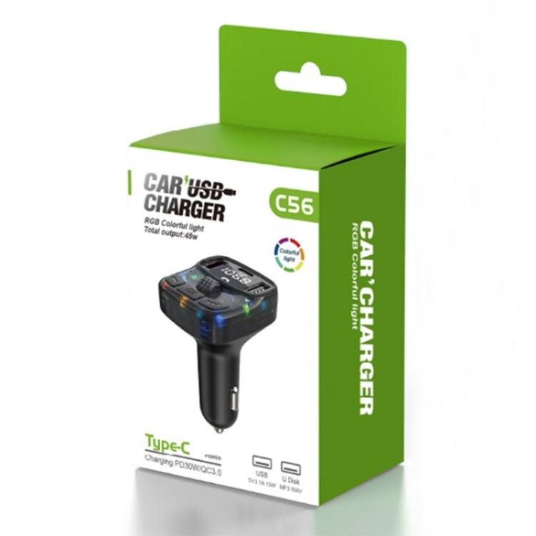 C56 PD Type-C + Dual USB Car Charger Colorful Light Car Bluetooth Adapter FM Transmitter, C56