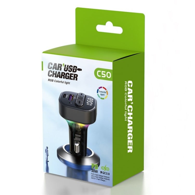 C50 Type-C + USB Car Charger Colorful Light Car Bluetooth Adapter FM Transmitter MP3 Player, C50