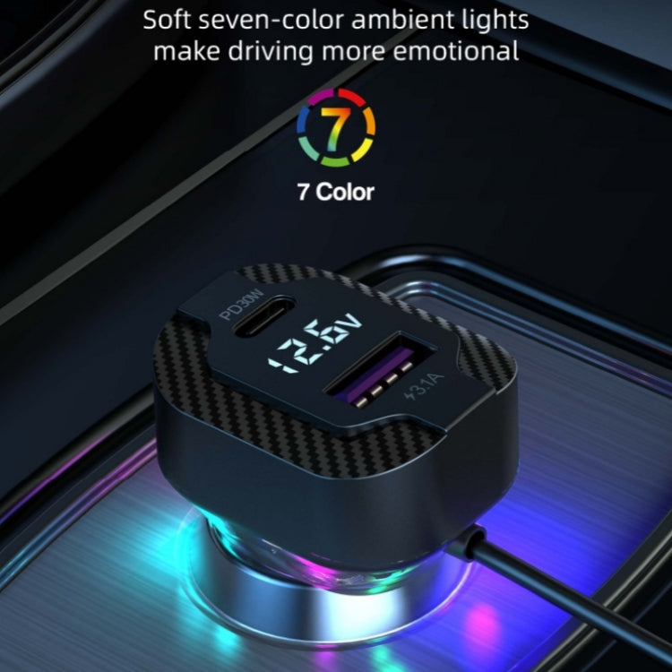 YQ7 Voltage Display PD 30W Fast Charging 2 x Type-C + 3 x USB Car Charger with 1.5m Extension Cable, YQ7