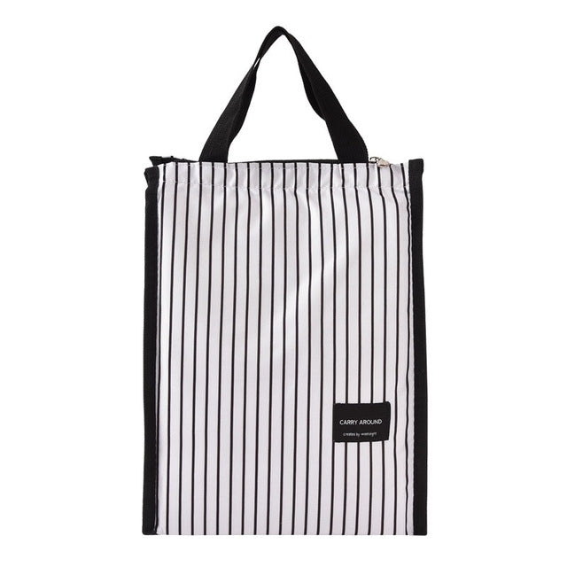 Black White Stripes Portable Thermal Lunch Bags for Women Kids Men Food Picnic Cooler Box Insulated Tote Bag Storage Container