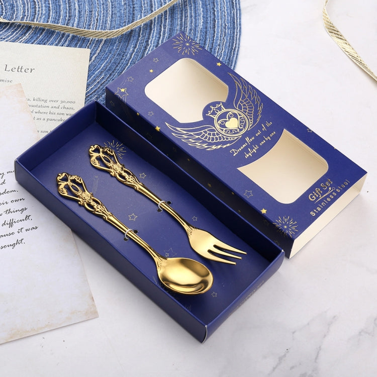 2pcs /Pack Retro Openwork Carved Dessert Spoon Fork Set Engraved Cutlery Gift Box