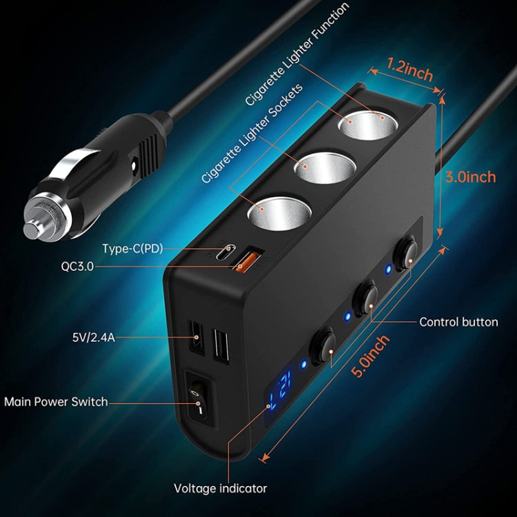 TR24 Car Cigarette Lighter One To Three With Switch 180W High Power Fast Charger