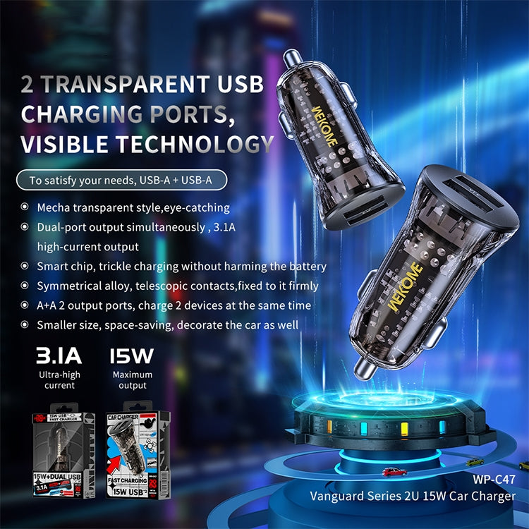 WK WP-C47 Vanguard Series 15W Dual USB Car Charger, WP-C47