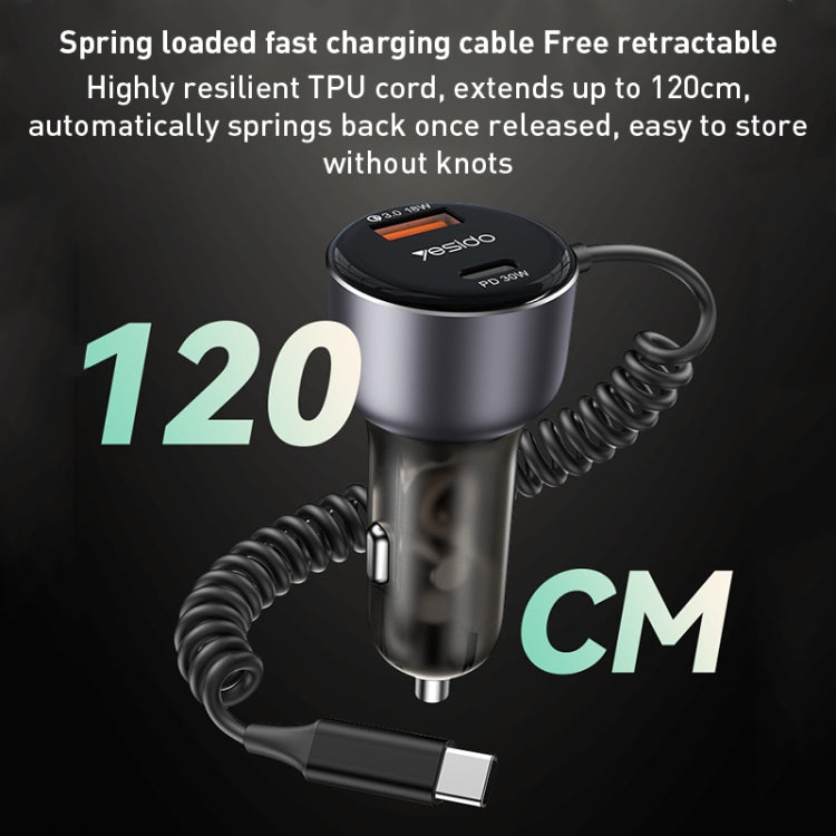 Yesido Y56 60W PD + QC3.0 Dual Port Car Charger with USB-C / Type-C Spring Data Cable, Y56