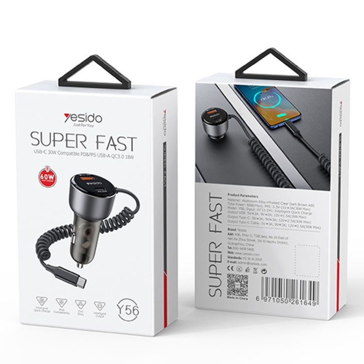 Yesido Y56 60W PD + QC3.0 Dual Port Car Charger with USB-C / Type-C Spring Data Cable, Y56
