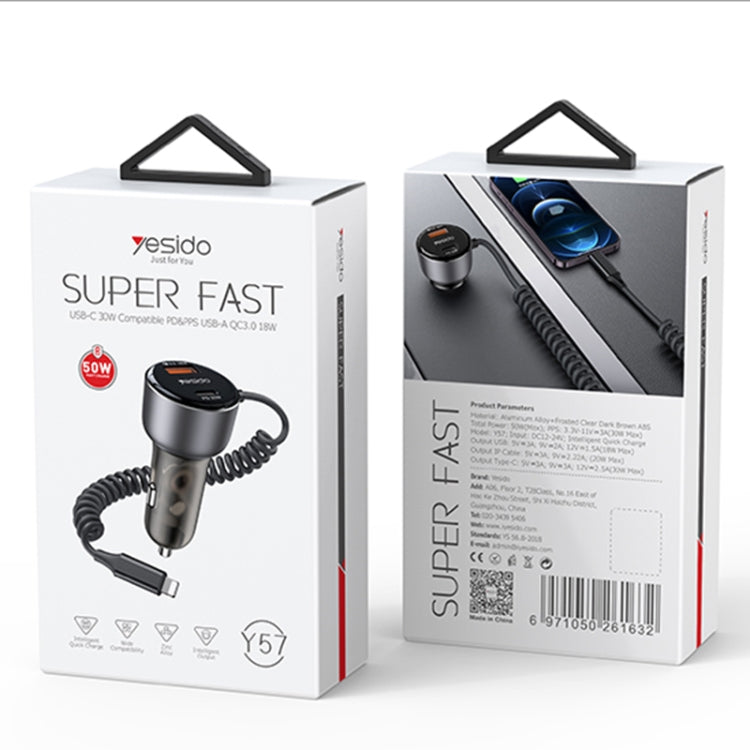 Yesido Y57 50W PD + QC3.0 Dual Port Car Charger with 8 Pin Spring Data Cable, Y57