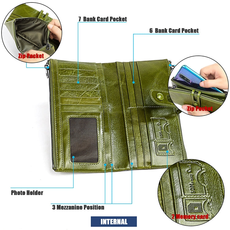 3520 Long Cowhide Leather Folding Anti-magnetic RFID Wallet for Ladies, with Card Slots