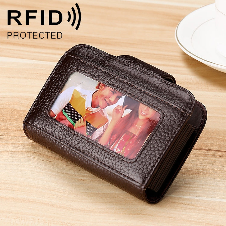 KB188 Horizontal Cowhide Leather Organ Shape Multiple Card Slots Anti-magnetic RFID Wallet for Ladies, with Transparent Window