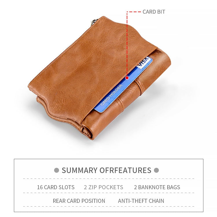 LT3539 Cowhide Leather Zipper Buckle Anti-magnetic RFID Wallet Clutch Bag for Men, with Card Slots & Shoulder Strap