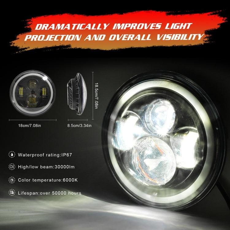 7 inch H4 / H13 DC 9V-30V 3000LM 6000K 30W IP67 4LED Lamp Beads Car Round Shape LED Headlight Lamps for Jeep Wrangler / Harley, with Angel Eye