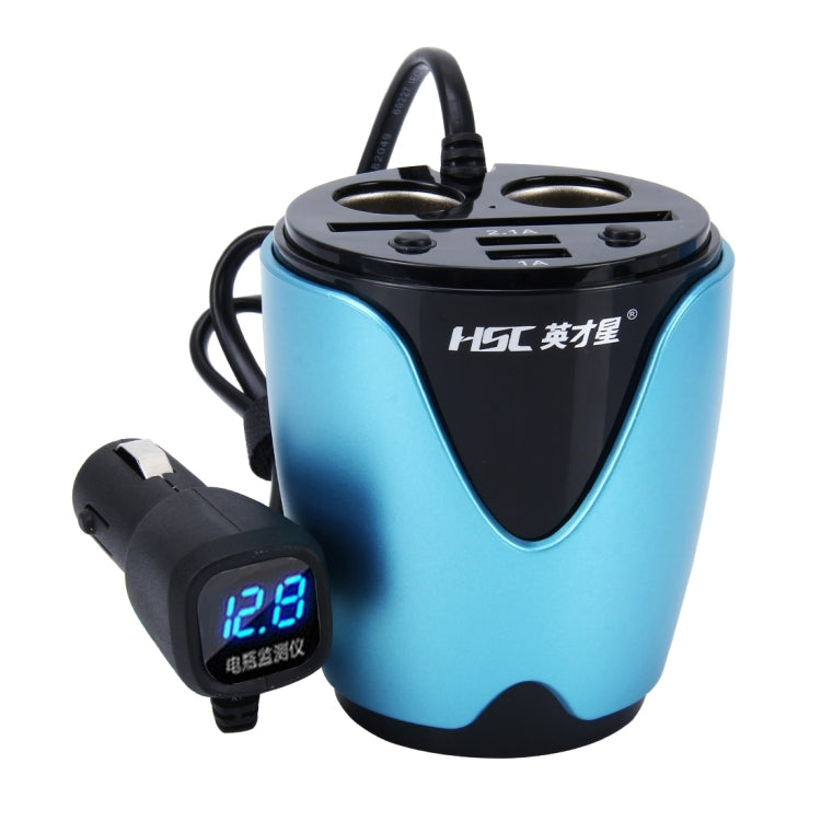 HSC YC-19D Car Cup Charger 2.1A/1A Dual USB Ports Car 12V-24V Charger with 2-Socket Cigarette, Card Socket and LED Display, YC-19D Blue, YC-19D Silver