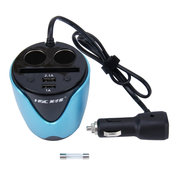 HSC YC-19D Car Cup Charger 2.1A/1A Dual USB Ports Car 12V-24V Charger with 2-Socket Cigarette, Card Socket and LED Display, YC-19D Blue, YC-19D Silver