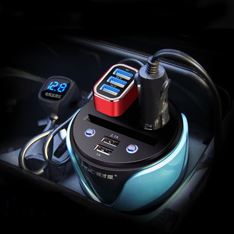 HSC YC-19D Car Cup Charger 2.1A/1A Dual USB Ports Car 12V-24V Charger with 2-Socket Cigarette, Card Socket and LED Display, YC-19D Blue, YC-19D Silver