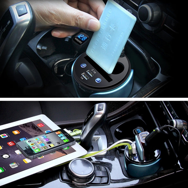 HSC YC-19D Car Cup Charger 2.1A/1A Dual USB Ports Car 12V-24V Charger with 2-Socket Cigarette, Card Socket and LED Display, YC-19D Blue, YC-19D Silver