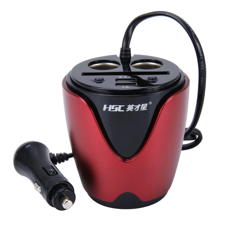 HSC YC-19 Car Cup Charger 2.1A/1A Dual USB Ports Car 12V-24V Charger with 2-Socket Cigarette and Card Socket, YC-19 Red, YC-19 Blue, YC-19 Silver