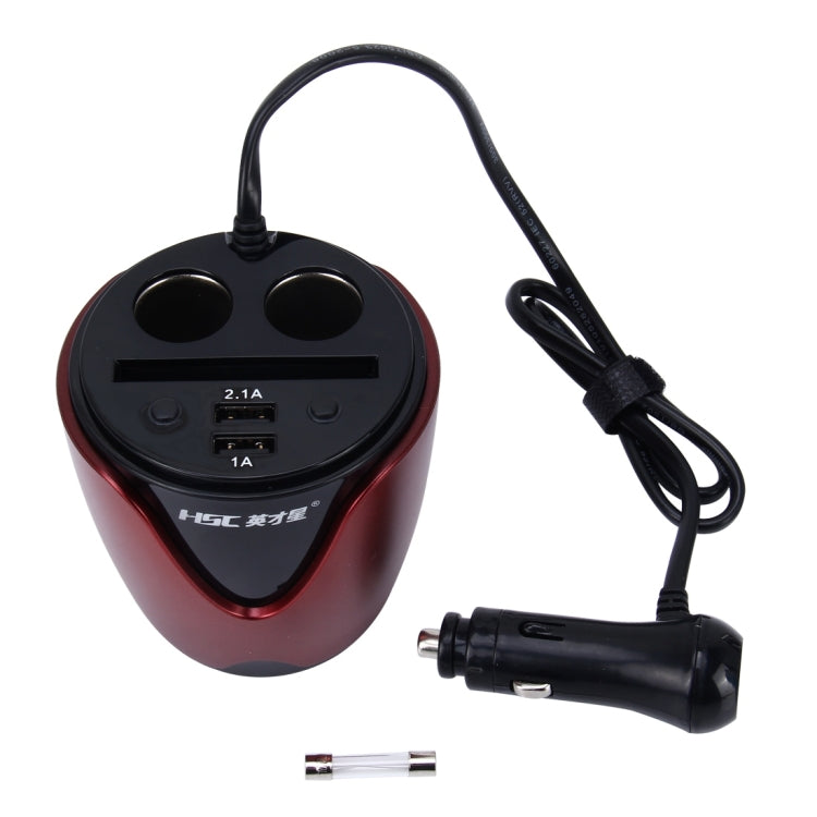 HSC YC-19 Car Cup Charger 2.1A/1A Dual USB Ports Car 12V-24V Charger with 2-Socket Cigarette and Card Socket, YC-19 Red, YC-19 Blue, YC-19 Silver