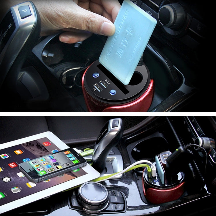 HSC YC-19 Car Cup Charger 2.1A/1A Dual USB Ports Car 12V-24V Charger with 2-Socket Cigarette and Card Socket, YC-19 Red, YC-19 Blue, YC-19 Silver