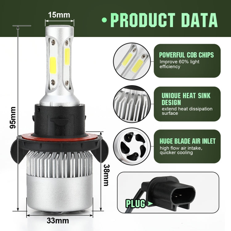 2 PCS S2 H13 / 9008 18W 6000K 1800LM IP65 2 COB LED Car Headlight Lamps, DC 9-30V