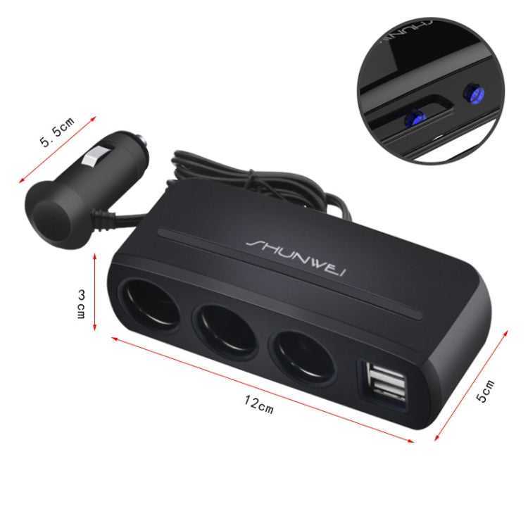 SHUNWEI SD-1939 120W 3A Car Independent Switch 3 in 1 Dual USB Charger Cigarette Lighter, SD-1939 (Black), SD-1939