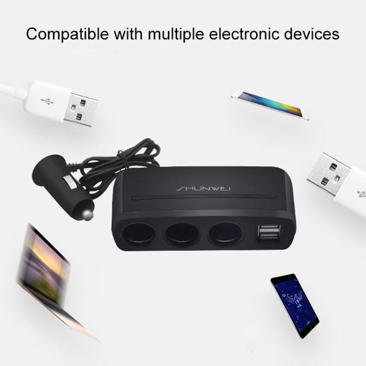 SHUNWEI SD-1939 120W 3A Car Independent Switch 3 in 1 Dual USB Charger Cigarette Lighter, SD-1939 (Black), SD-1939