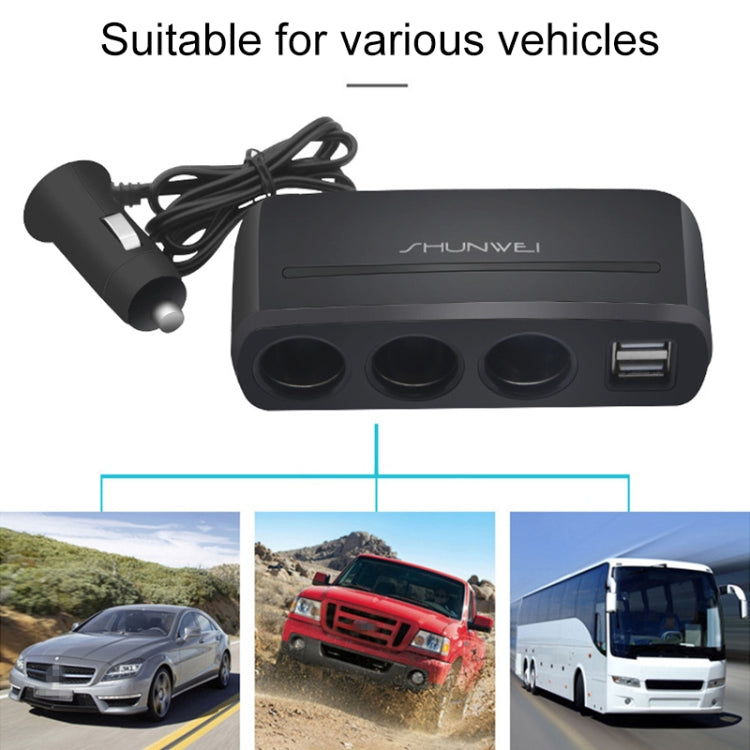 SHUNWEI SD-1939 120W 3A Car Independent Switch 3 in 1 Dual USB Charger Cigarette Lighter, SD-1939 (Black), SD-1939