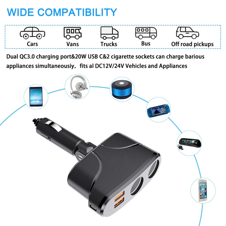 TR35 Car 2 in 1 Cigarette Lighter Extension Socket 20W PD Fast Charge QC3.0 USB Charger, TR35