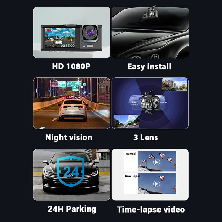 A1 Triple-Lens HD Car Dash Cam with Night Vision