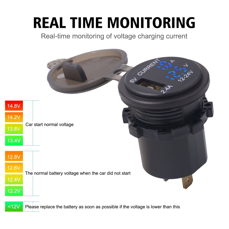 Universal Car Single Port USB Charger Power Outlet Adapter 2.4A 5V IP66 with LED Digital Voltmeter + Ammeter + 60cm Cable, 2.4A Voltmeter + Ammeter + 60cm Cable (Blue Light), 2.4A Voltmeter + Ammeter+ 60cm Cable (Green Light)