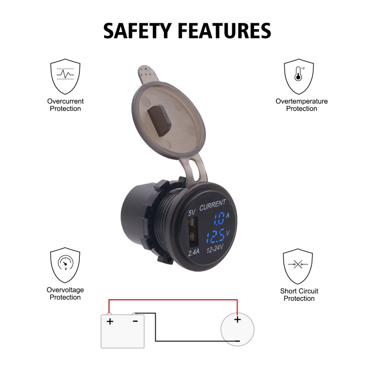 Universal Car Single Port USB Charger Power Outlet Adapter 2.4A 5V IP66 with LED Digital Voltmeter + Ammeter + 60cm Cable, 2.4A Voltmeter + Ammeter + 60cm Cable (Blue Light), 2.4A Voltmeter + Ammeter+ 60cm Cable (Green Light)