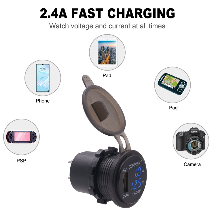 Universal Car Single Port USB Charger Power Outlet Adapter 2.4A 5V IP66 with LED Digital Voltmeter + Ammeter + 60cm Cable, 2.4A Voltmeter + Ammeter + 60cm Cable (Blue Light), 2.4A Voltmeter + Ammeter+ 60cm Cable (Green Light)