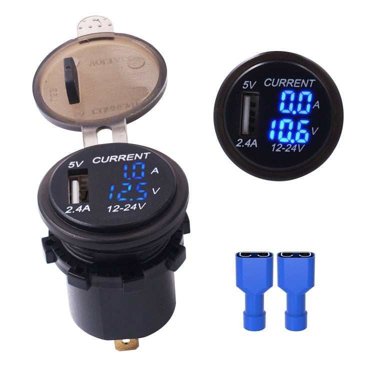Universal Car Single Port USB Charger Power Outlet Adapter 2.4A 5V IP66 with LED Digital Voltmeter + Ammeter, 2.4A Voltmeter + Ammeter(Blue Light), 2.4A Voltmeter + Ammeter(Green Light), 2.4A Voltmeter + Ammeter(Red Light)