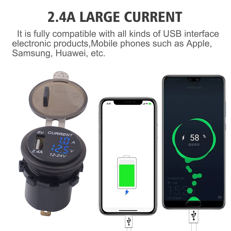 Universal Car Single Port USB Charger Power Outlet Adapter 2.4A 5V IP66 with LED Digital Voltmeter + Ammeter, 2.4A Voltmeter + Ammeter(Blue Light), 2.4A Voltmeter + Ammeter(Green Light), 2.4A Voltmeter + Ammeter(Red Light)
