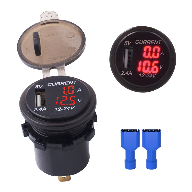Universal Car Single Port USB Charger Power Outlet Adapter 2.4A 5V IP66 with LED Digital Voltmeter + Ammeter, 2.4A Voltmeter + Ammeter(Blue Light), 2.4A Voltmeter + Ammeter(Green Light), 2.4A Voltmeter + Ammeter(Red Light)