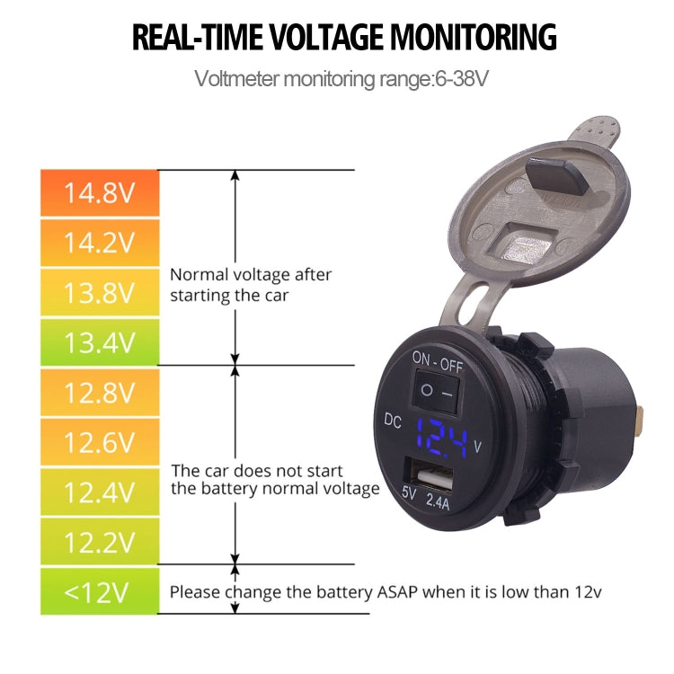 Universal Car Single Port USB Charger Power Outlet Adapter 2.4A 5V IP66 with LED Digital Voltmeter + Switch + 60cm Cable, 2.4A + Switch + 60cm Cable(Blue Light), 2.4A + Switch + 60cm Cable (Green Light), 2.4A + Switch + 60cm Cable (Red Light)