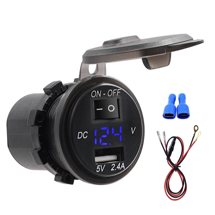 Universal Car Single Port USB Charger Power Outlet Adapter 2.4A 5V IP66 with LED Digital Voltmeter + Switch + 60cm Cable, 2.4A + Switch + 60cm Cable(Blue Light), 2.4A + Switch + 60cm Cable (Green Light), 2.4A + Switch + 60cm Cable (Red Light)