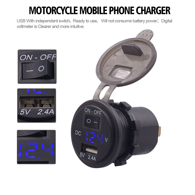 Universal Car Single Port USB Charger Power Outlet Adapter 2.4A 5V IP66 with LED Digital Voltmeter + Switch + 60cm Cable, 2.4A + Switch + 60cm Cable(Blue Light), 2.4A + Switch + 60cm Cable (Green Light), 2.4A + Switch + 60cm Cable (Red Light)
