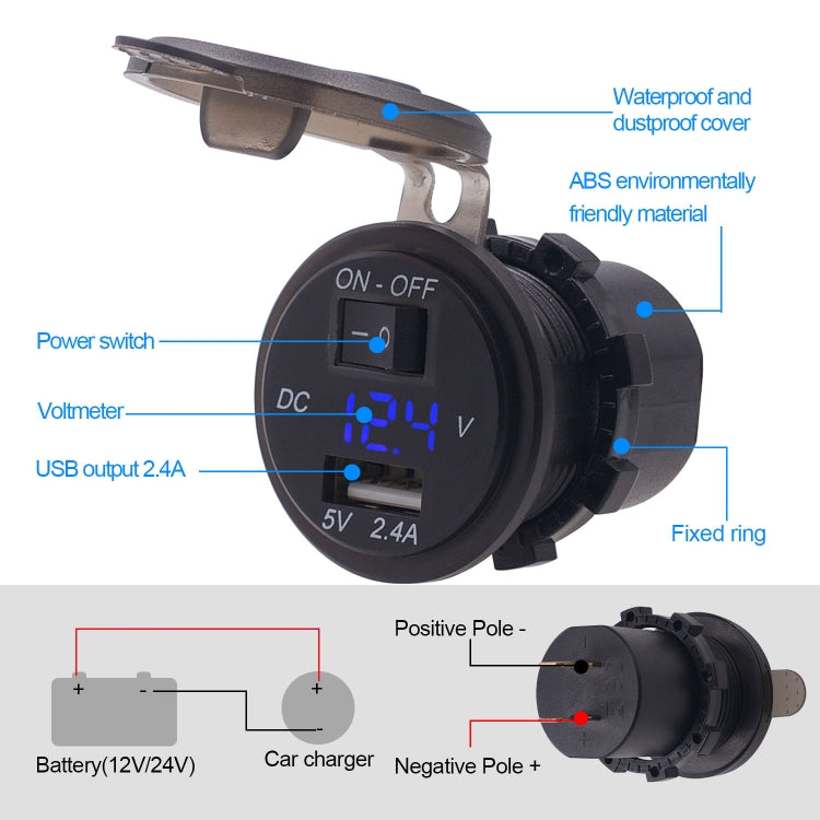 Universal Car Single Port USB Charger Power Outlet Adapter 2.4A 5V IP66 with LED Digital Voltmeter + Switch + 60cm Cable, 2.4A + Switch + 60cm Cable(Blue Light), 2.4A + Switch + 60cm Cable (Green Light), 2.4A + Switch + 60cm Cable (Red Light)