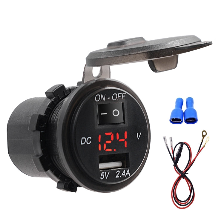 Universal Car Single Port USB Charger Power Outlet Adapter 2.4A 5V IP66 with LED Digital Voltmeter + Switch + 60cm Cable, 2.4A + Switch + 60cm Cable(Blue Light), 2.4A + Switch + 60cm Cable (Green Light), 2.4A + Switch + 60cm Cable (Red Light)