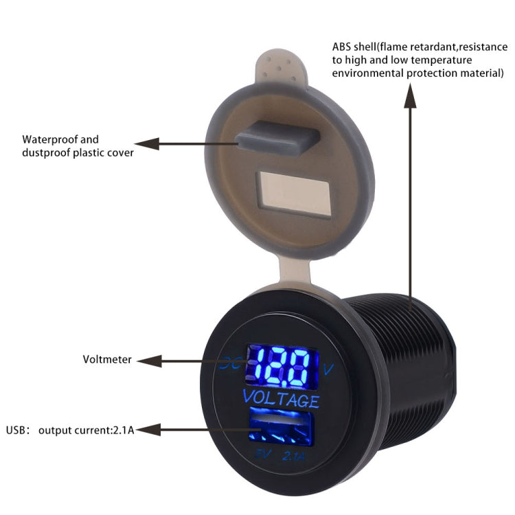 Universal Car Single Port USB Charger Power Outlet Adapter 2.1A 5V IP66 with LED Digital Voltmeter + 60cm Cable, 2.1A + 60cm Cable(Blue Light), 2.1A + 60cm Cable, 2.1A + 60cm Cable(Red Light)